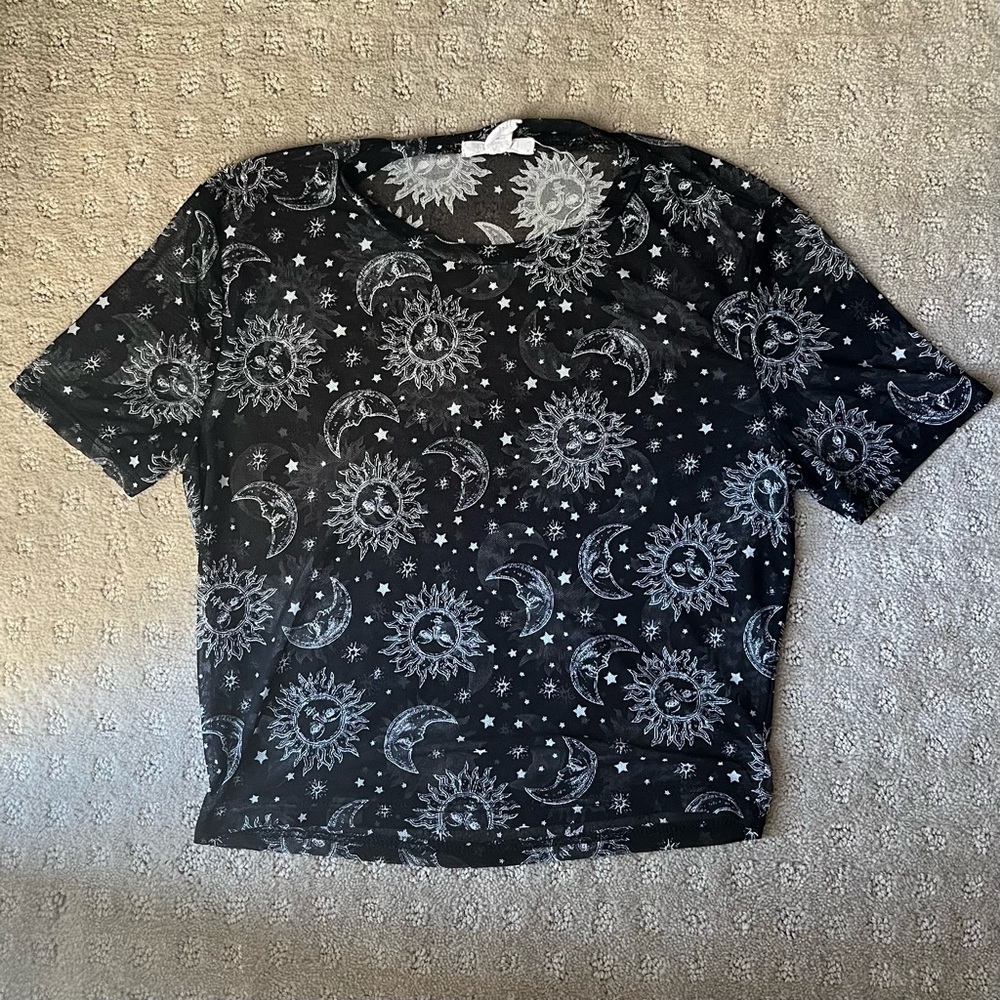 Size small Full Tilt mesh black sun and moon design cropped shirt